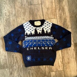 Blue and White boys holiday sweater, official Chelsea merchandise, size 10-11